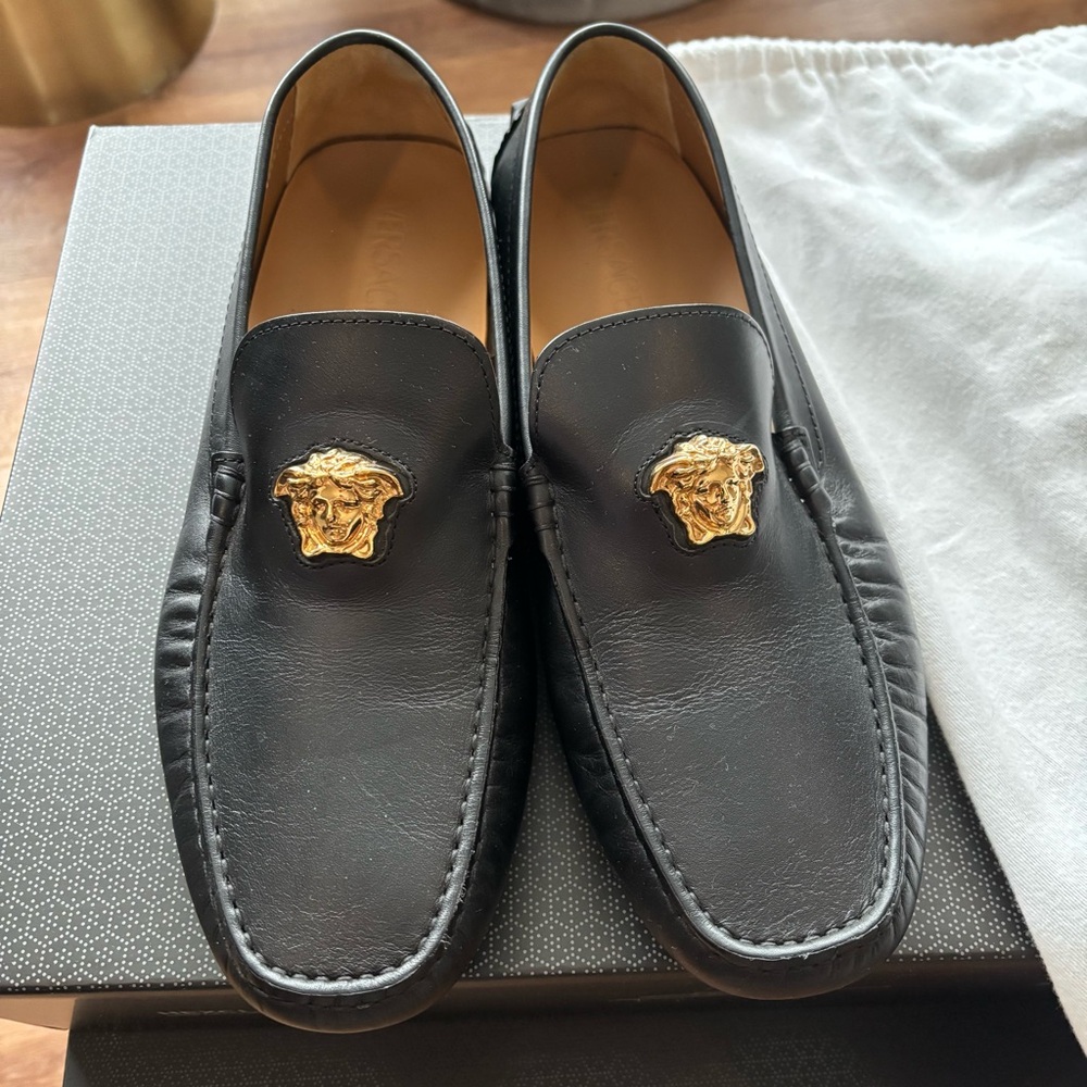 Versace Black Loafers with Gold Emblem